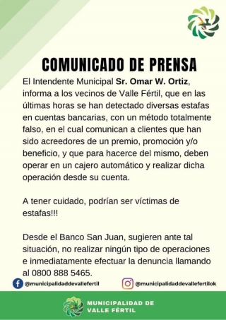 Valle Fértil : Estafas en cuentas bancarias