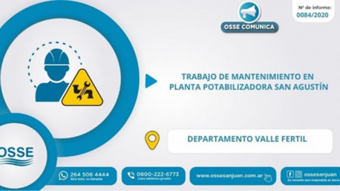 En Valle Fértil harán trabajos de mantenimiento en la planta potabilizadora