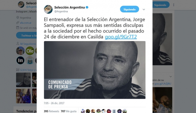 Sampaoli: &quot;Pido perdón a la sociedad por este mal ejemplo&quot;