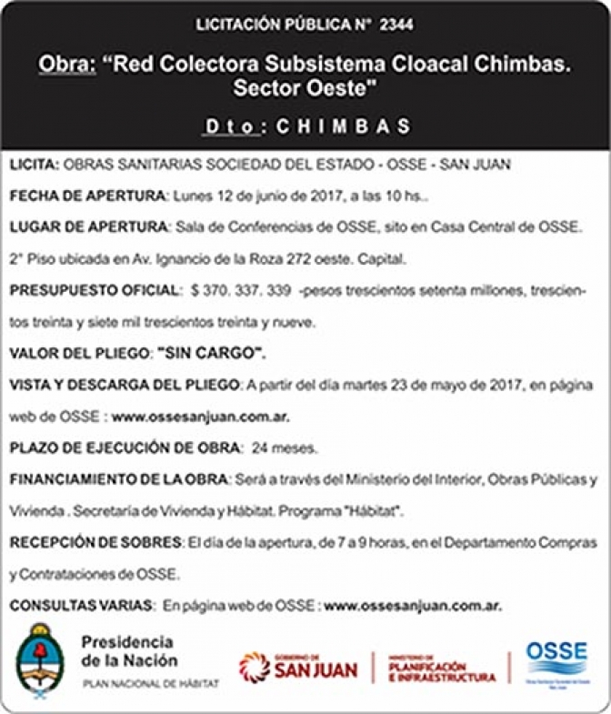 Apertura de licitación cloacas para el sector oeste de Chimbas